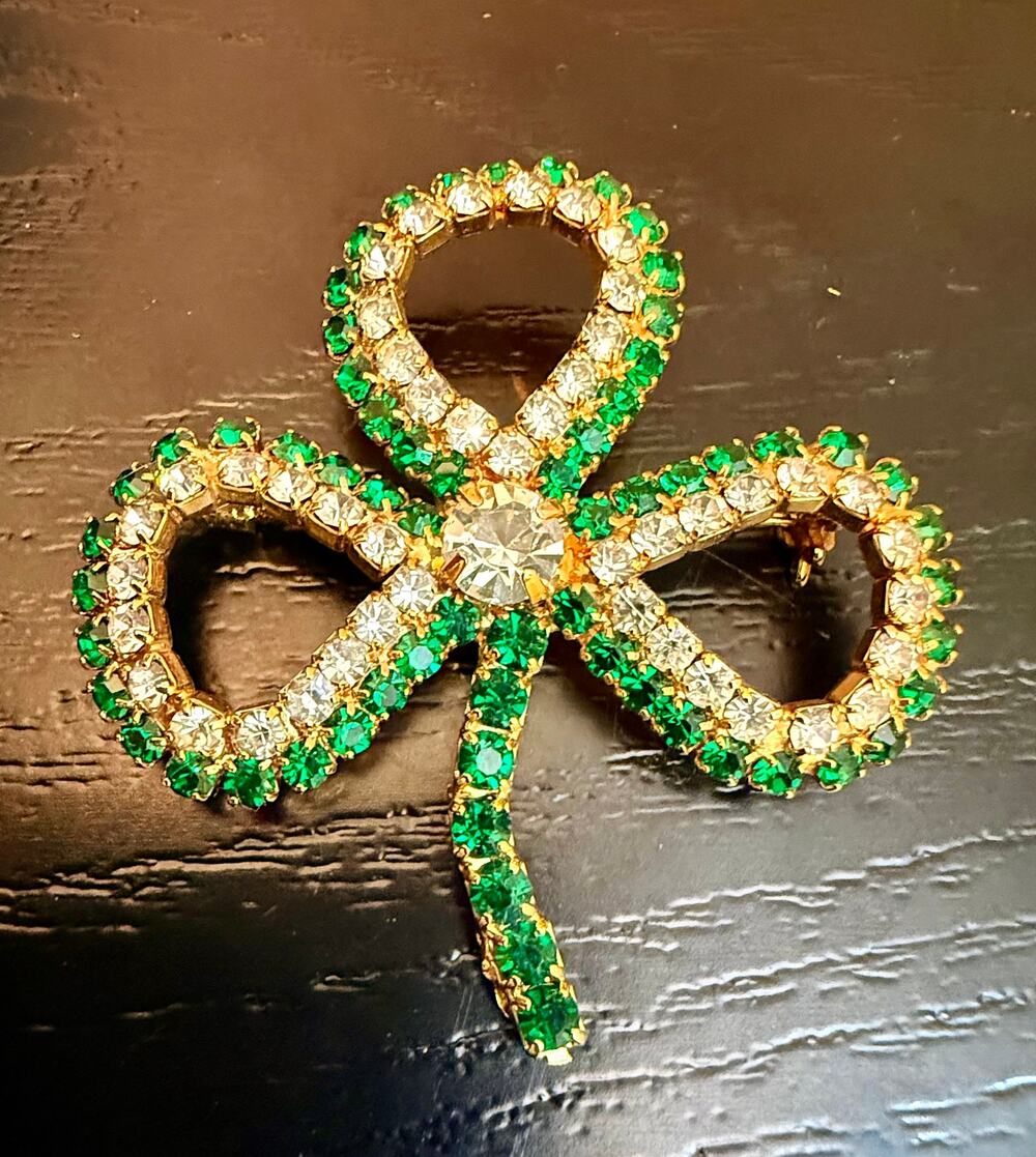 Green & Clear Rhinestone Bow Brooch